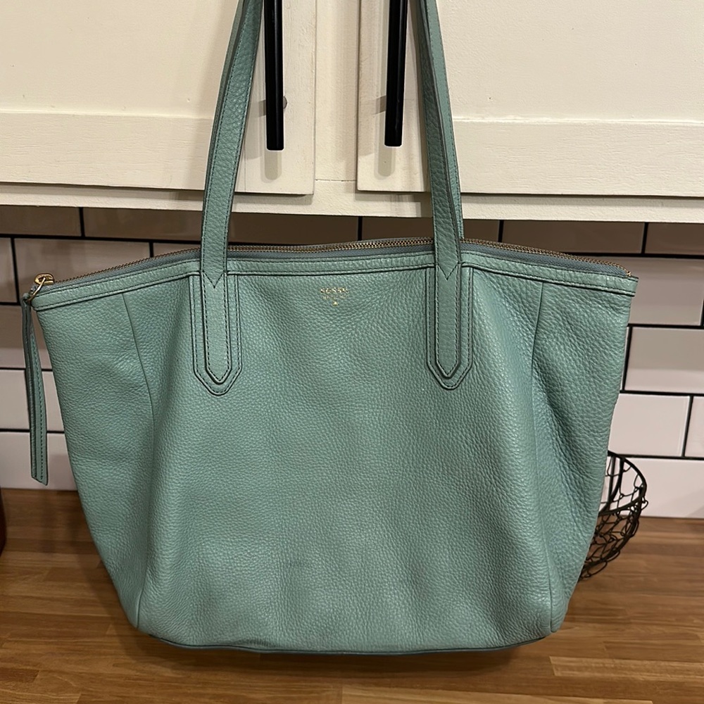 Fossil Teal Leather Tote Bag sage mint green